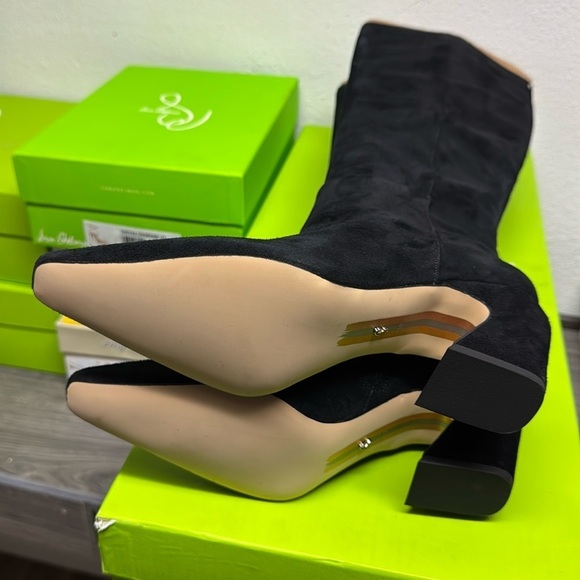 SAM EDELMAN Sulema Knee High Suede Heel Boot Black Leather Zipper Closure - Picture 3 of 7